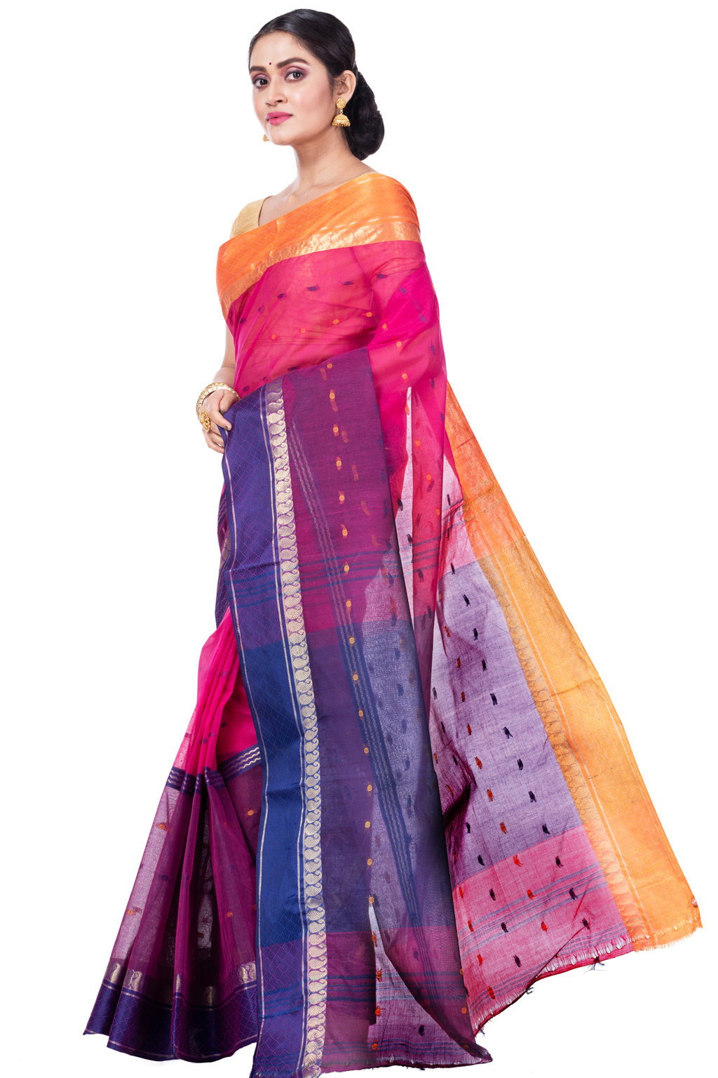 Pink Pure Cotton Ganga Jamuna_Buti Tant Saree (647)